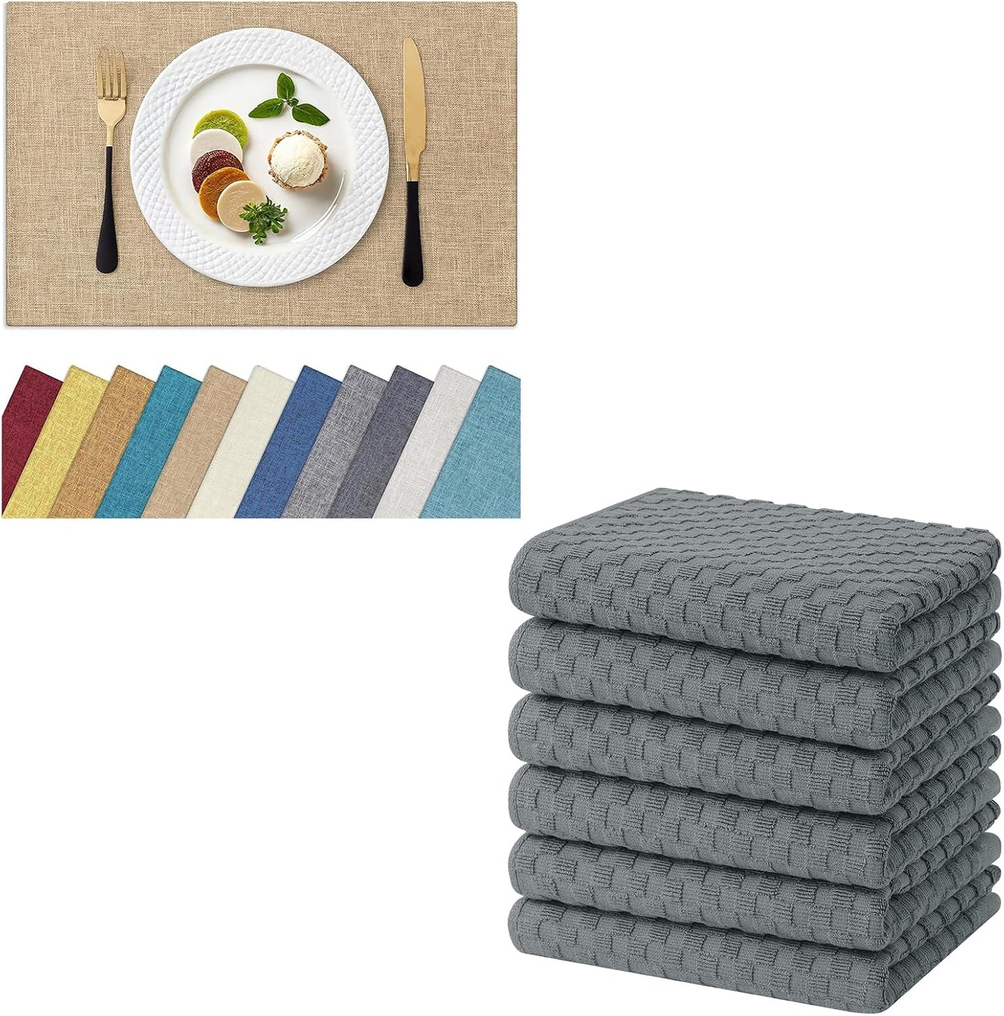 Homaxy Cloths Placemats for Dining Table Set of 6(13" x 19", Flaxen), Heat Resistant Washable Cotton Linen Blend Table Mats and Terry Kitchen Towels(15" x 25", 6 Pack, Dark Grey)