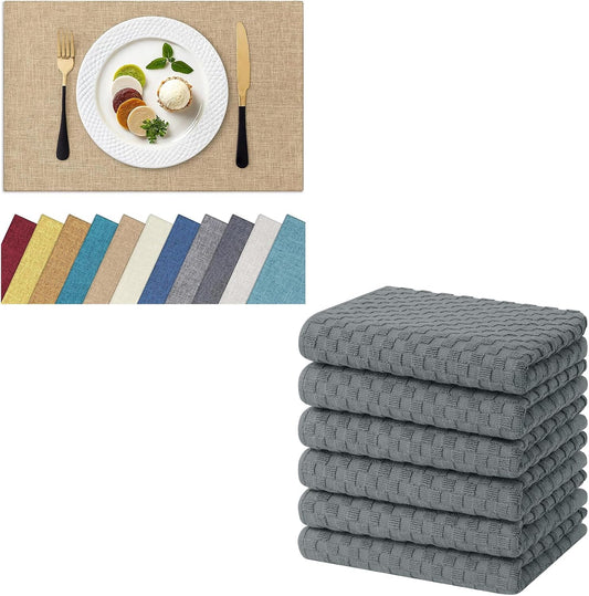 Homaxy Cloths Placemats for Dining Table Set of 6(13" x 19", Flaxen), Heat Resistant Washable Cotton Linen Blend Table Mats and Terry Kitchen Towels(15" x 25", 6 Pack, Dark Grey)