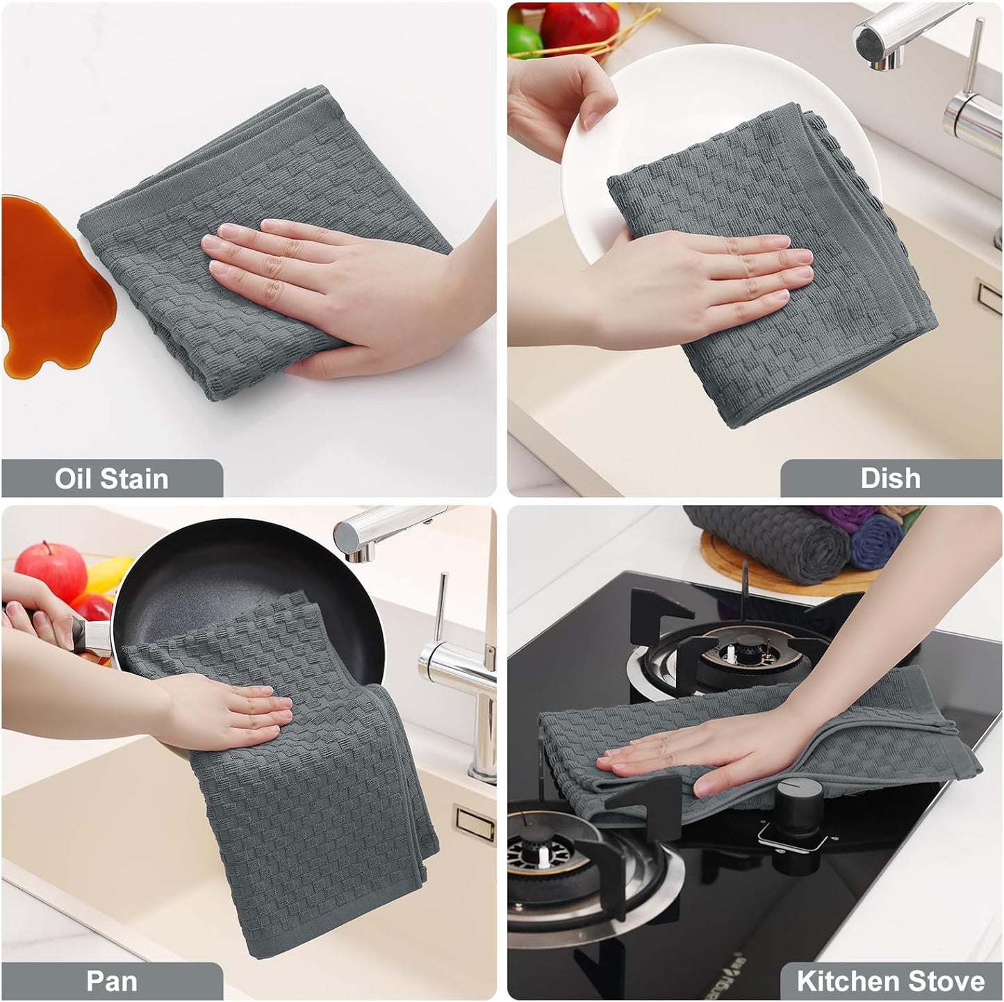 Homaxy 100% Cotton Dish Cloths, 8 Pack - 12 x 12 Inches, Waffle Weave Super Soft and Terry Kitchen Towels(15" x 25", 6 Pack, Dark Grey)