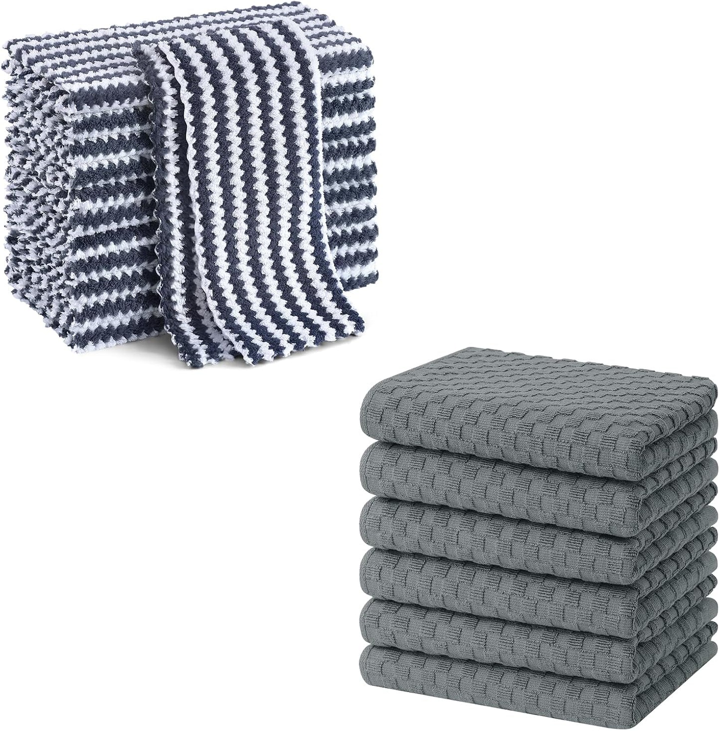 Homaxy 12 Pack Kitchen Dish Cloths(10 x 10 inches, Dark Grey), Reusable Fast Drying Microfiber Cleaning Cloth and Terry Kitchen Towels(15" x 25", 6 Pack, Dark Grey)