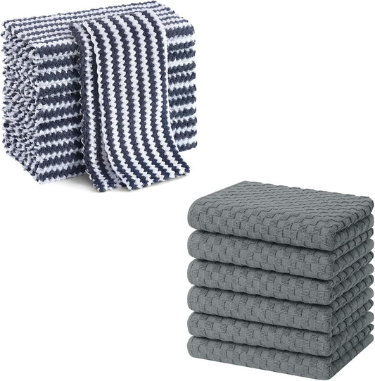 Homaxy 12 Pack Kitchen Dish Cloths(10 x 10 inches, Dark Grey), Reusable Fast Drying Microfiber Cleaning Cloth and Terry Kitchen Towels(15" x 25", 6 Pack, Dark Grey)