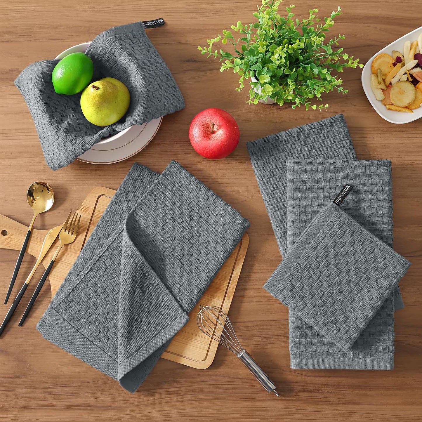 Homaxy 12 Pack Kitchen Dish Cloths(10 x 10 inches, Dark Grey), Reusable Fast Drying Microfiber Cleaning Cloth and Terry Kitchen Towels(15" x 25", 6 Pack, Dark Grey)