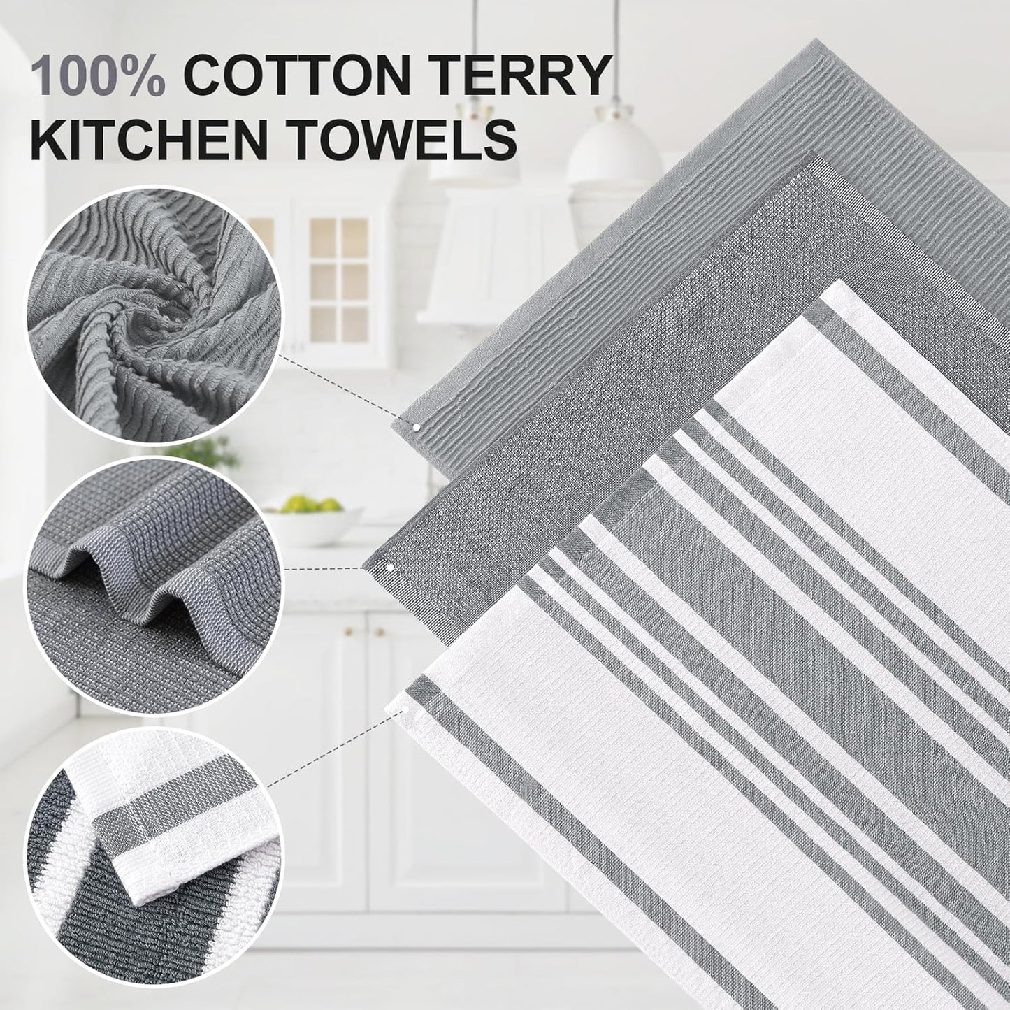 Homaxy Dishcloths Set, 12 x 12 and 13 x 28 Inches, Set of 8 Bulk Cotton Terry Kitchen Towels Set, Black and Premium Kitchen Towels(18”x 28”, 6 Pack), Grey
