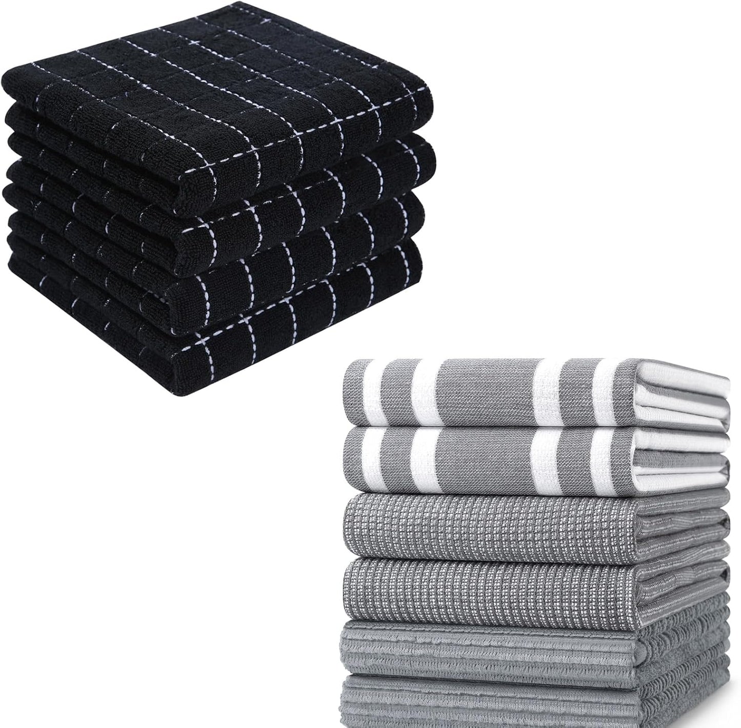 Homaxy 100% Cotton Terry Kitchen Towels(Black, 13 x 28 inches), 4 Pack and Premium Kitchen Towels(18”x 28”, 6 Pack), Grey