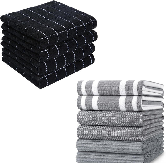 Homaxy 100% Cotton Terry Kitchen Towels(Black, 13 x 28 inches), 4 Pack and Premium Kitchen Towels(18”x 28”, 6 Pack), Grey