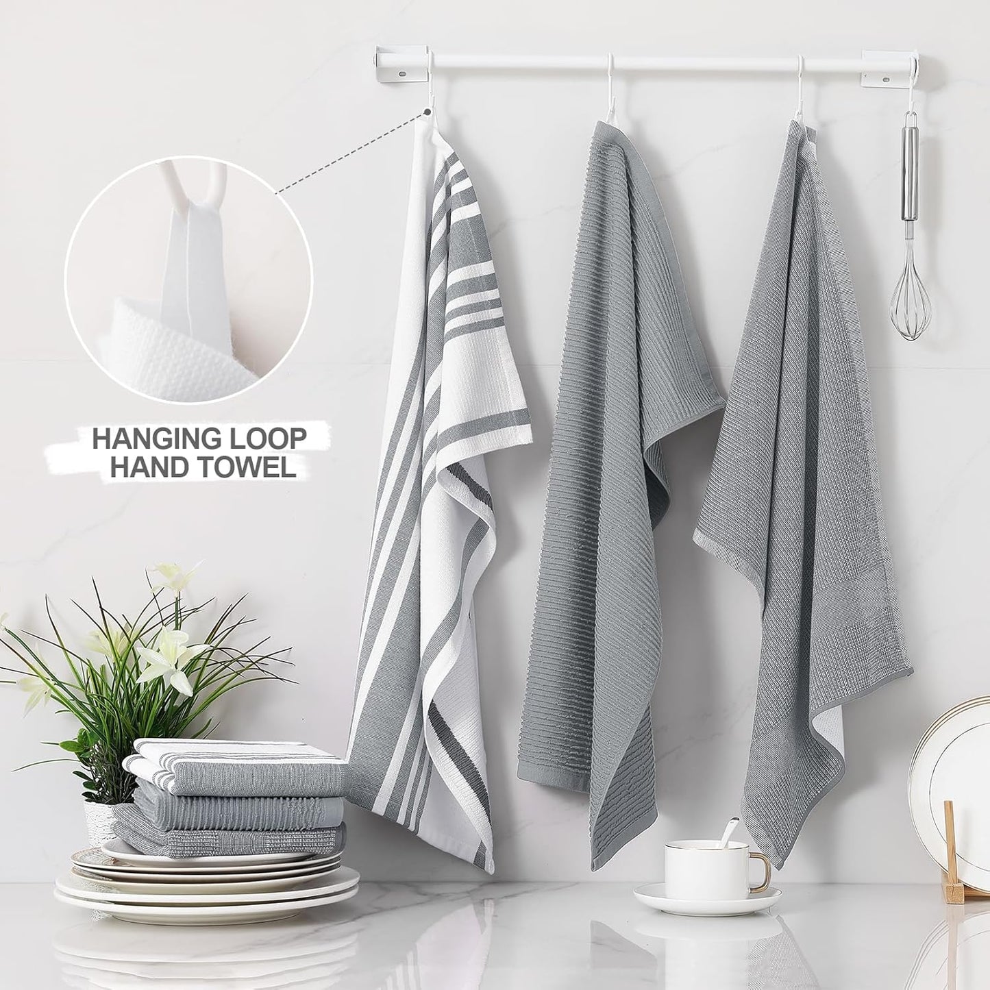 Homaxy 100% Cotton Terry Kitchen Towels(Black, 13 x 28 inches), 4 Pack and Premium Kitchen Towels(18”x 28”, 6 Pack), Grey