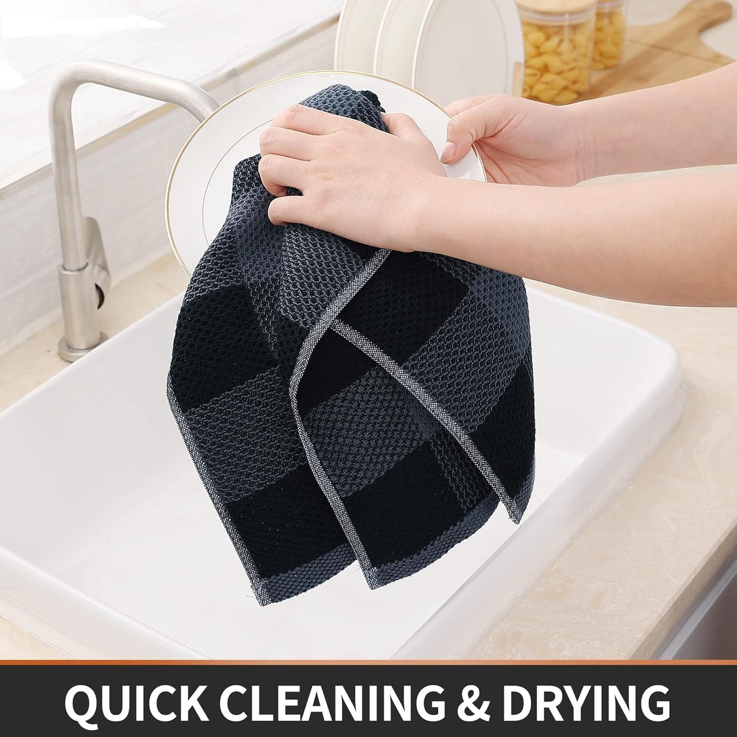 Homaxy 100% Cotton Waffle Weave Kitchen Dish Cloths, 12x12 Inches, 6-Pack, Black Kitchen Towels and Dishcloths Set, Black & Grey