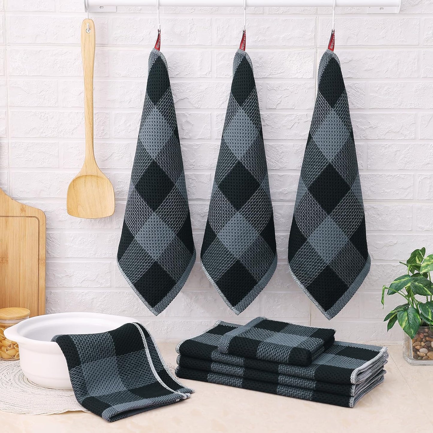 Homaxy 100% Cotton Waffle Weave Kitchen Dish Cloths, 12x12 Inches, 6-Pack, Black Kitchen Towels and Dishcloths Set, Black & Grey