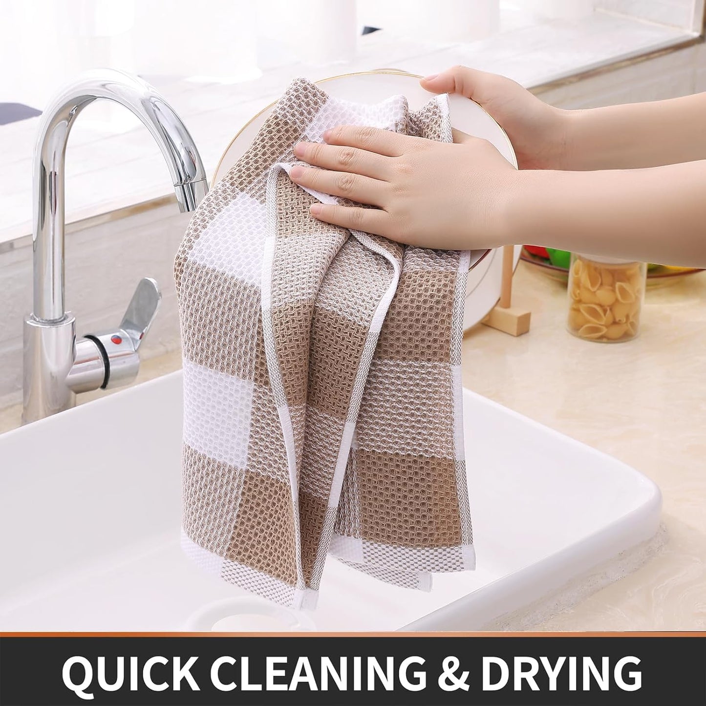 Homaxy 100% Cotton Waffle Weave Check Plaid Kitchen Towels, 13 x 28 Inches, 4-Pack, White & Black and Kitchen Towels and Dishcloths Set, 12 x 12 and 13 x 28 Inches, White & Khaki