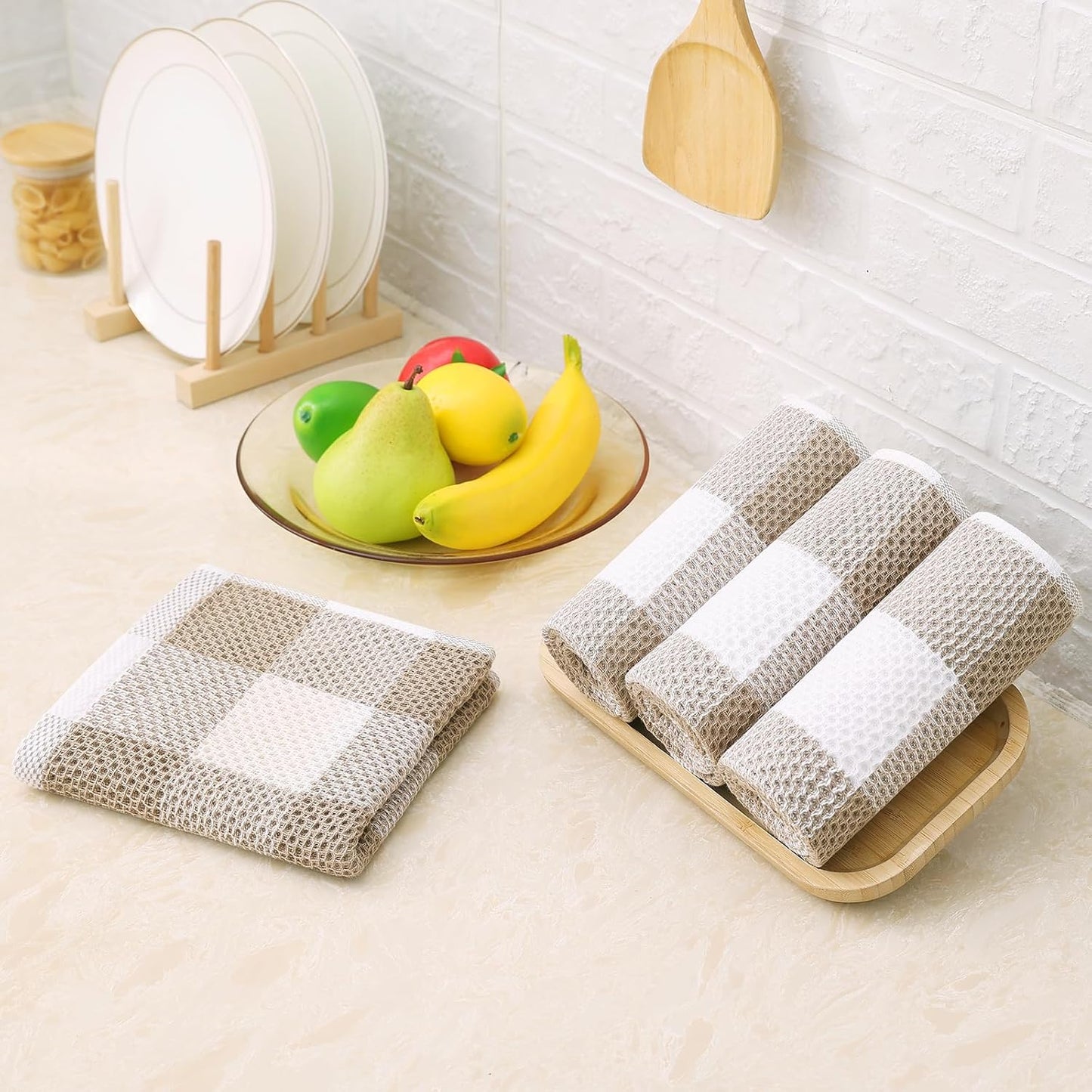 Homaxy 100% Cotton Waffle Weave Check Plaid Kitchen Towels, 13 x 28 Inches, 4-Pack, White & Black and Kitchen Towels and Dishcloths Set, 12 x 12 and 13 x 28 Inches, White & Khaki