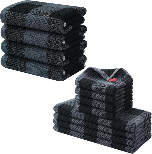 Homaxy 100% Cotton Waffle Weave Check Plaid Kitchen Towels, 13 x 28 Inches, 4-Pack, White & Black and Kitchen Towels and Dishcloths Set, 12 x 12 and 13 x 28 Inches, Black & Grey