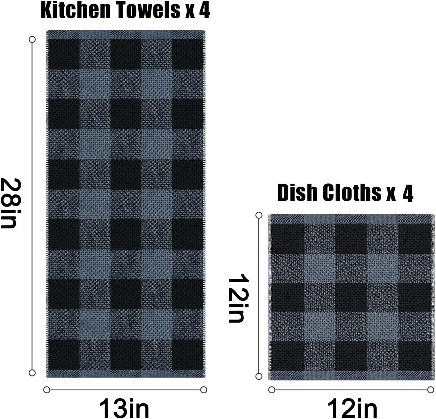 Homaxy 100% Cotton Waffle Weave Check Plaid Kitchen Towels, 13 x 28 Inches, 4-Pack, White & Black and Kitchen Towels and Dishcloths Set, 12 x 12 and 13 x 28 Inches, Black & Grey