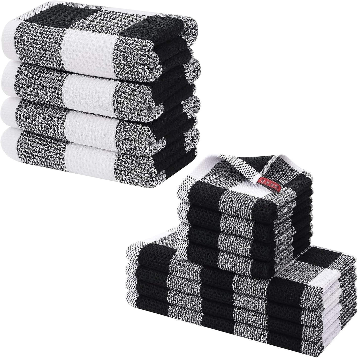 Homaxy 100% Cotton Waffle Weave Check Plaid Kitchen Towels, 13 x 28 Inches, 4-Pack, White & Black and Kitchen Towels and Dishcloths Set, 12 x 12 and 13 x 28 Inches, White & Black