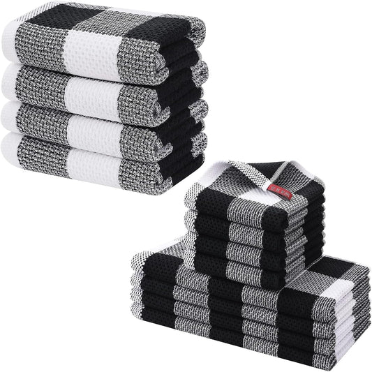 Homaxy 100% Cotton Waffle Weave Check Plaid Kitchen Towels, 13 x 28 Inches, 4-Pack, White & Black and Kitchen Towels and Dishcloths Set, 12 x 12 and 13 x 28 Inches, White & Black