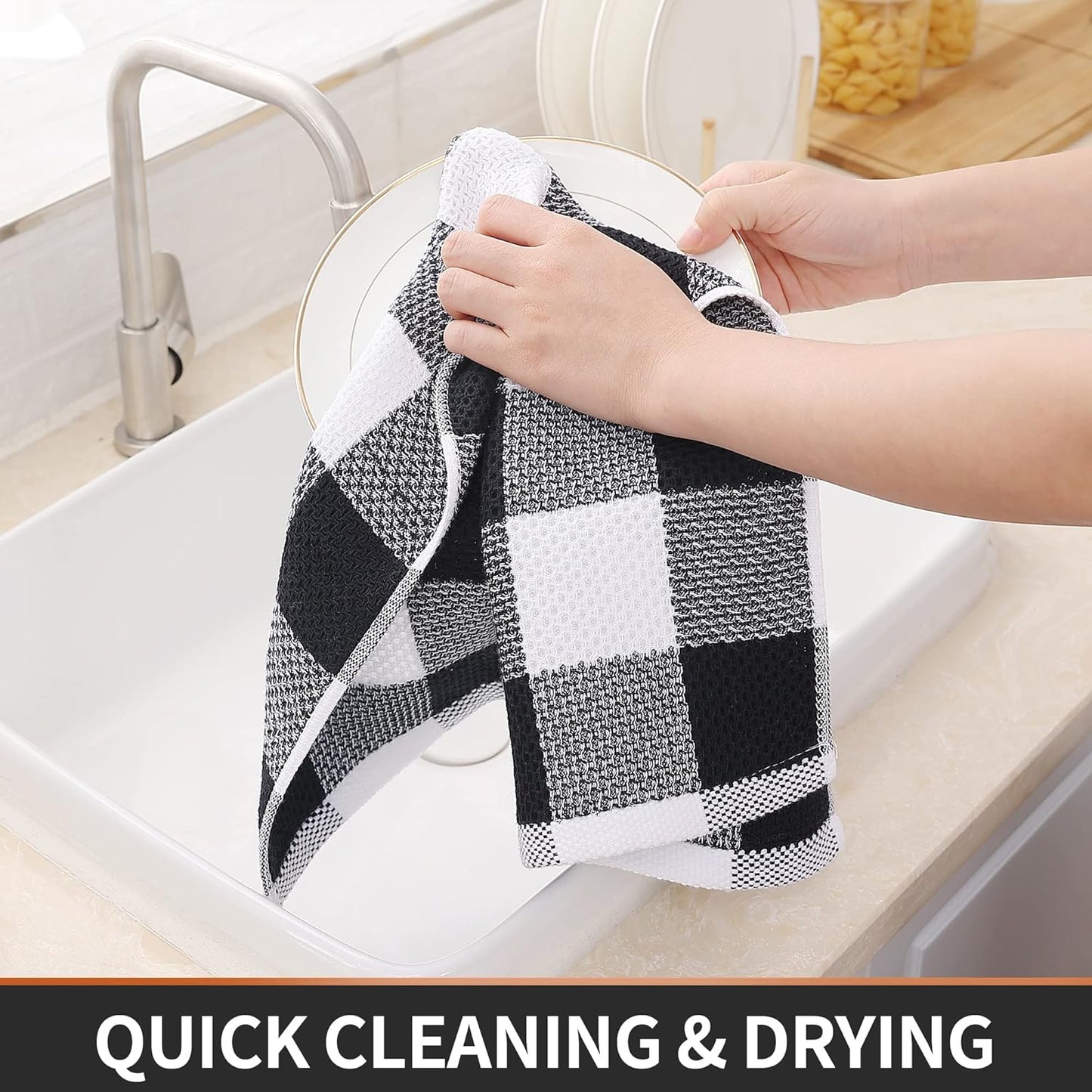 Homaxy 100% Cotton Waffle Weave Check Plaid Kitchen Towels, 13 x 28 Inches, 4-Pack, White & Black and Kitchen Towels and Dishcloths Set, 12 x 12 and 13 x 28 Inches, White & Black