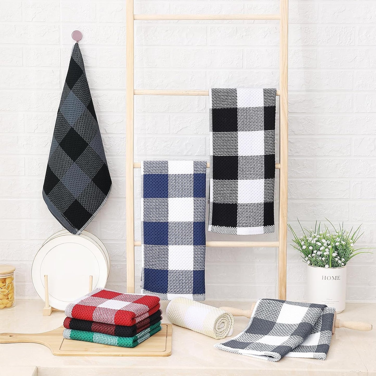 Homaxy 100% Cotton Waffle Weave Check Plaid Kitchen Towels, 13 x 28 Inches, 4-Pack, White & Black and Kitchen Towels and Dishcloths Set, 12 x 12 and 13 x 28 Inches, White & Black
