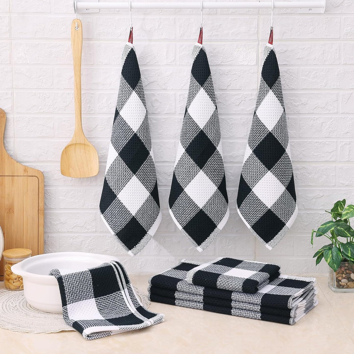 Homaxy 100% Cotton Waffle Weave Check Plaid Kitchen Towels, 13 x 28 Inches, 4-Pack, White & Black and Kitchen Towels and Dishcloths Set, 12 x 12 and 13 x 28 Inches, White & Black