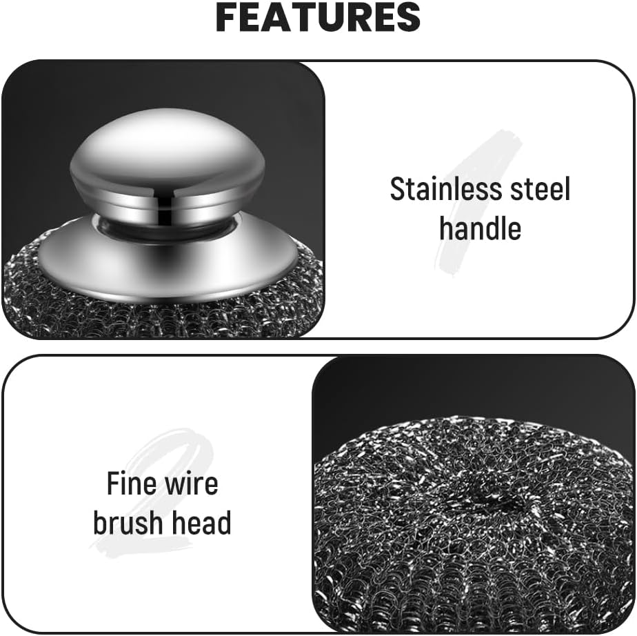 Steel Wool Scrubber with Handle, Upgrade Heavy Duty Stainless Steel Dish Scrubber for Cleaning Dishes, Iron Pots, Stoves, Kitchen Sink (2 pcs)