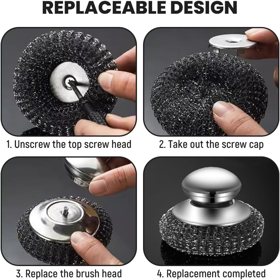 Steel Wool Scrubber with Handle, Upgrade Heavy Duty Stainless Steel Dish Scrubber for Cleaning Dishes, Iron Pots, Stoves, Kitchen Sink (2 pcs)