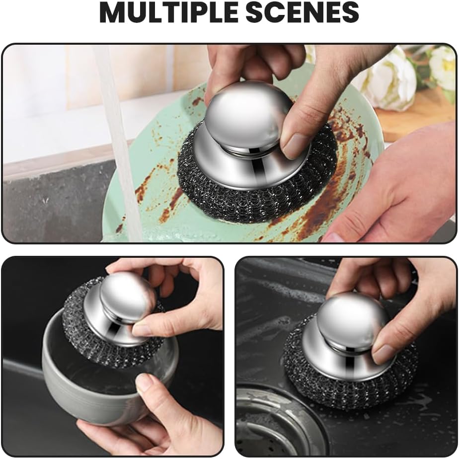 Steel Wool Scrubber with Handle, Upgrade Heavy Duty Stainless Steel Dish Scrubber for Cleaning Dishes, Iron Pots, Stoves, Kitchen Sink (2 pcs)