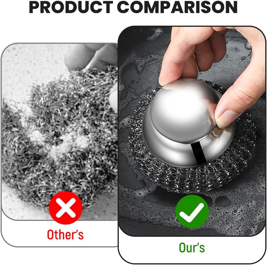 Steel Wool Scrubber with Handle, Upgrade Heavy Duty Stainless Steel Dish Scrubber for Cleaning Dishes, Iron Pots, Stoves, Kitchen Sink (2 pcs)