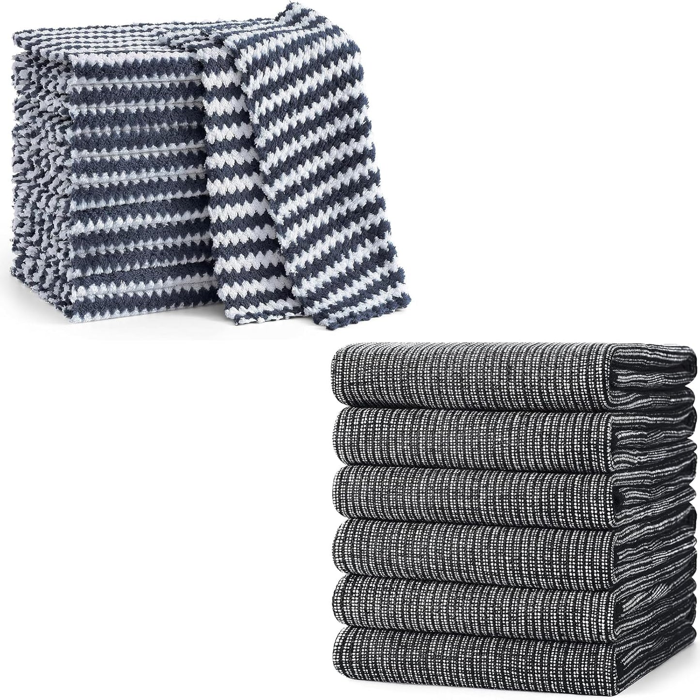 Homaxy 12 Pack Coral Velvet Wave Design Lint Free Kitchen Dish Cloths(10 x 10 inches) and Large Cotton Kitchen Hand Towels(18”x 28”, 6 Pack), Flat and Terry Dish Towels