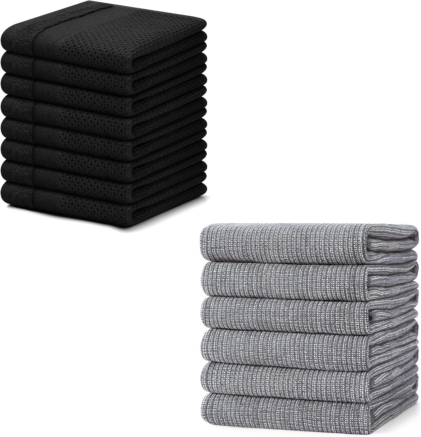 Homaxy 100% Cotton Dish Cloths, 8 Pack - 12 x 12 Inches, Black and Flat and Terry Dish Towels(18”x 28”, 6 Pack), Large Cotton Kitchen Hand Towels