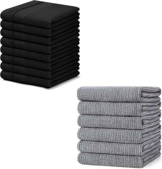 Homaxy 100% Cotton Dish Cloths, 8 Pack - 12 x 12 Inches, Black and Flat and Terry Dish Towels(18”x 28”, 6 Pack), Large Cotton Kitchen Hand Towels