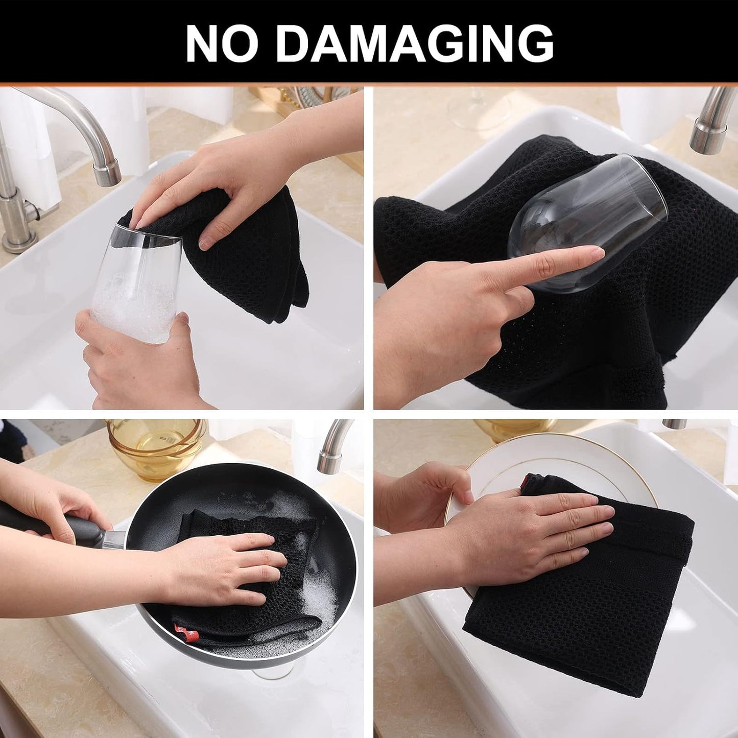 Homaxy 100% Cotton Dish Cloths, 8 Pack - 12 x 12 Inches, Black and Flat and Terry Dish Towels(18”x 28”, 6 Pack), Large Cotton Kitchen Hand Towels