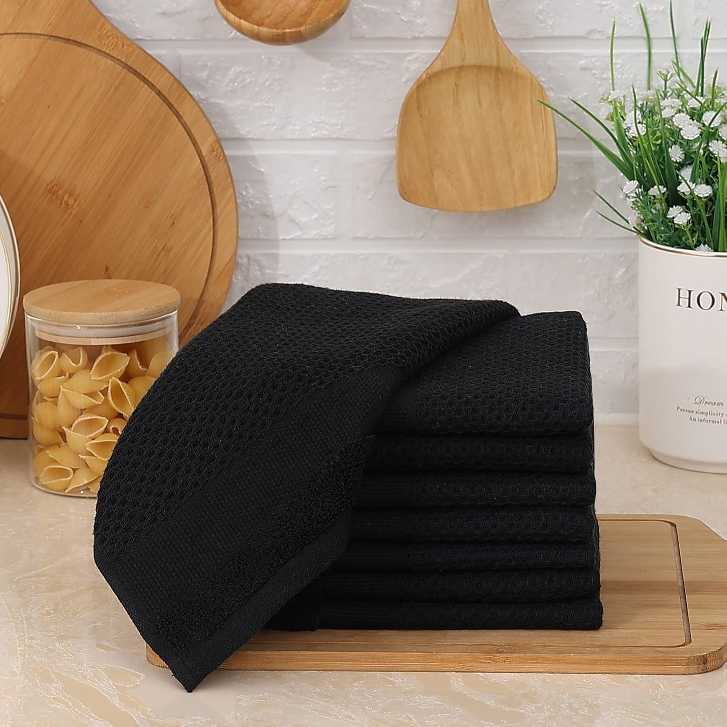 Homaxy 100% Cotton Dish Cloths, 8 Pack - 12 x 12 Inches, Black and Flat and Terry Dish Towels(18”x 28”, 6 Pack), Large Cotton Kitchen Hand Towels