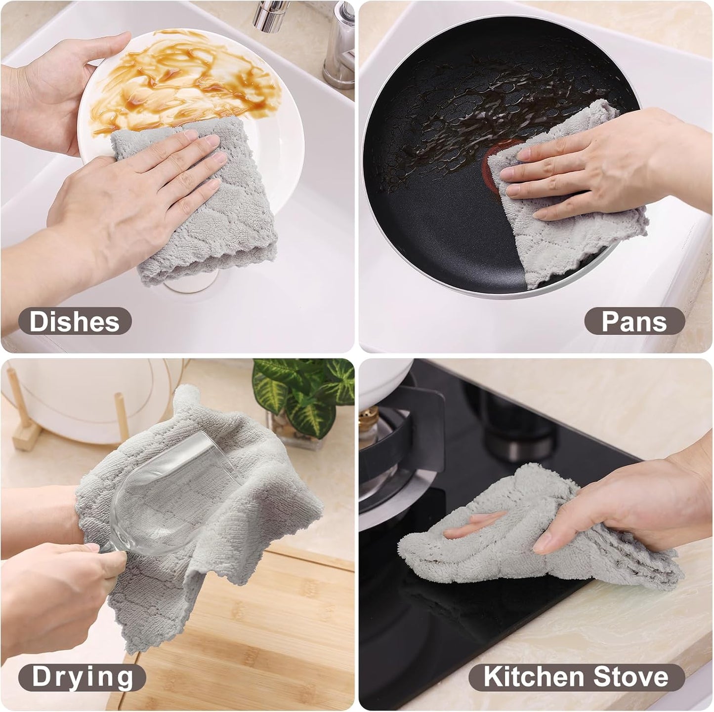 Homaxy 12 Pack Kitchen Dish Cloths (10 x 10 Inches, Grey) and Large Cotton Kitchen Hand Towels(18”x 28”, 6 Pack), Flat and Terry Dish Towels