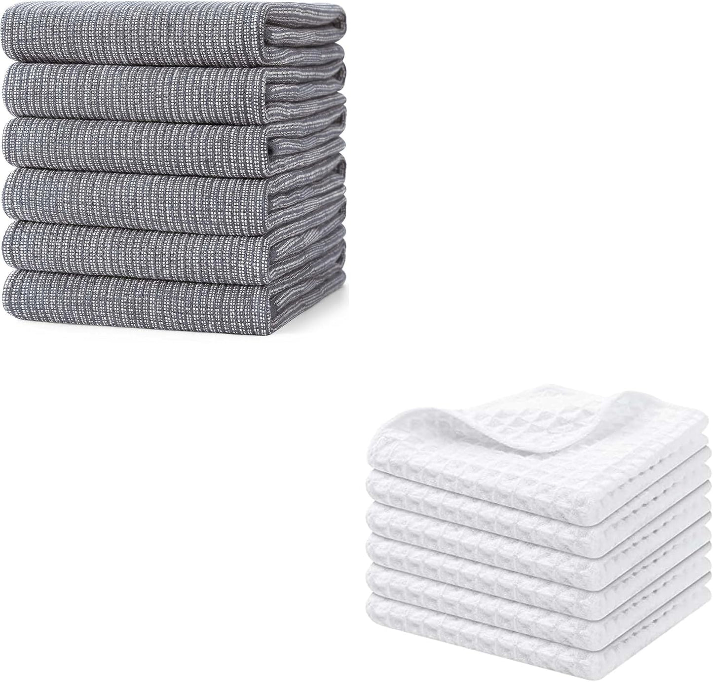 Homaxy Kitchen Towels and Dishcloths Set, 12 x 12 Inches and 18 x 28 Inches, Set of 12 Bulk Cotton Kitchen Towels Set, Ultra Soft Absorbent Dish Towels for Washing Dishes, Grey & White