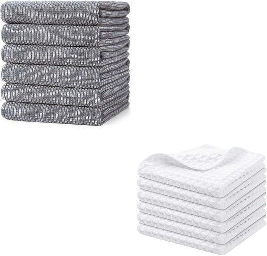Homaxy Kitchen Towels and Dishcloths Set, 12 x 12 Inches and 18 x 28 Inches, Set of 12 Bulk Cotton Kitchen Towels Set, Ultra Soft Absorbent Dish Towels for Washing Dishes, Grey & White