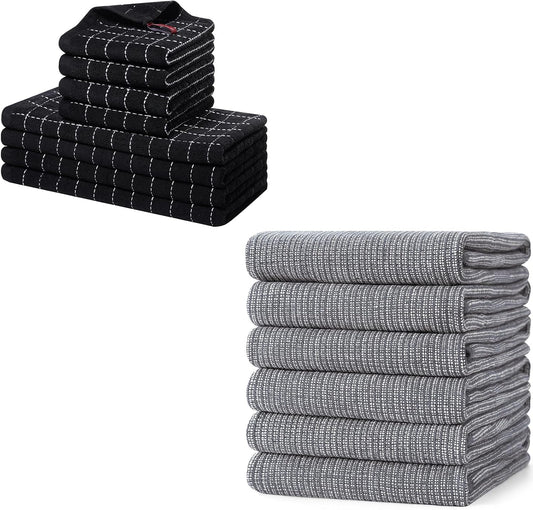 Homaxy Set of 8 Bulk Cotton Terry Kitchen Towels Set, 12 x 12 and 13 x 28 Inches, Checkered Designed and Large Cotton Kitchen Hand Towels(18”x 28”, 6 Pack), Flat and Terry Dish Towels