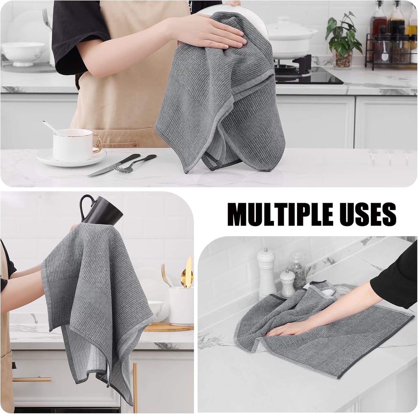 Homaxy Set of 8 Bulk Cotton Terry Kitchen Towels Set, 12 x 12 and 13 x 28 Inches, Checkered Designed and Large Cotton Kitchen Hand Towels(18”x 28”, 6 Pack), Flat and Terry Dish Towels