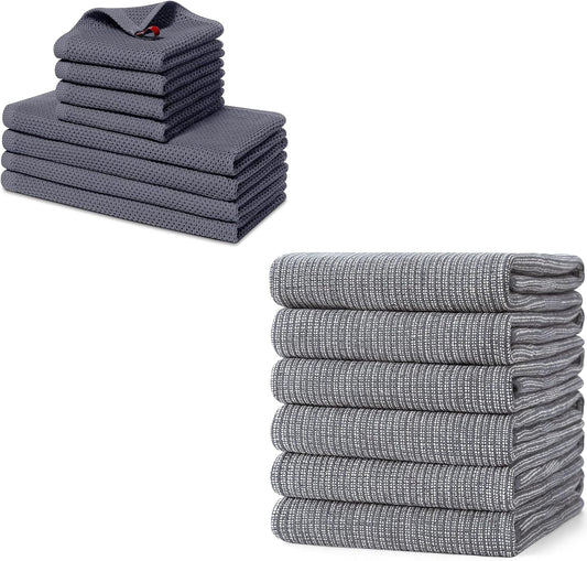 Homaxy Set of 8 Bulk Kitchen Towels Set, 12 x 12 Inches and 13 x 28 Inches, and Large Cotton Kitchen Hand Towels(18”x 28”, 6 Pack), Flat and Terry Dish Towels