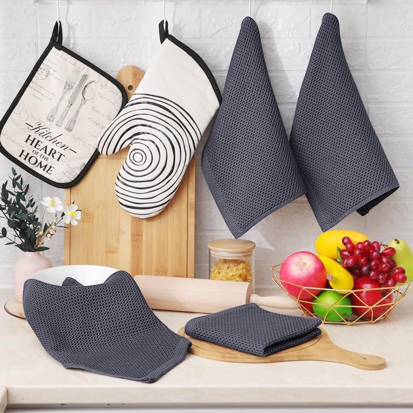 Homaxy 6-Pack Waffle Weave Kitchen Dish Cloths(12x12 Inches) and Flat and Terry Dish Towels(18”x 28”, 6 Pack), Large Cotton Kitchen Hand Towels