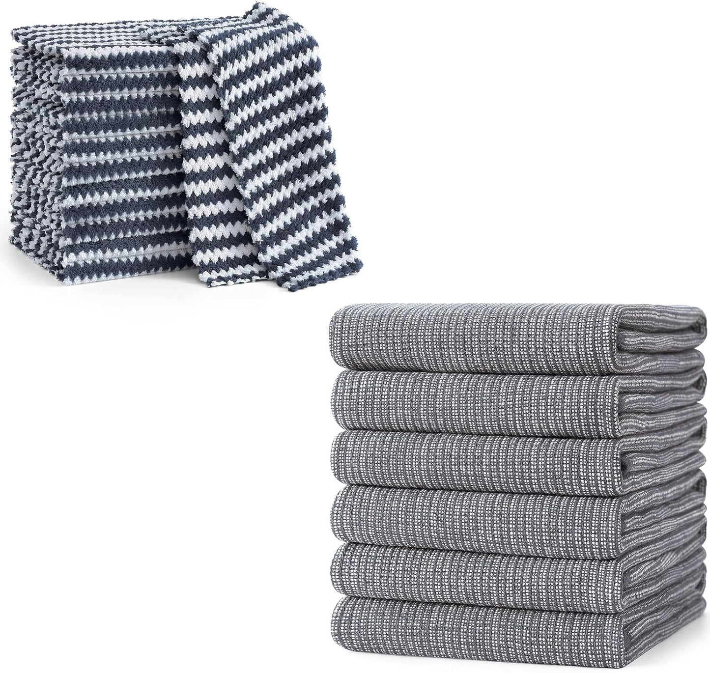 Homaxy 12 Pack Coral Velvet Wave Design Lint Free Kitchen Dish Cloths(10 x 10 inches) and Large Cotton Kitchen Hand Towels(18”x 28”, 6 Pack), Flat and Terry Dish Towels