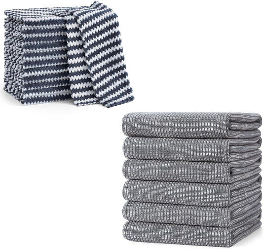 Homaxy 12 Pack Coral Velvet Wave Design Lint Free Kitchen Dish Cloths(10 x 10 inches) and Large Cotton Kitchen Hand Towels(18”x 28”, 6 Pack), Flat and Terry Dish Towels