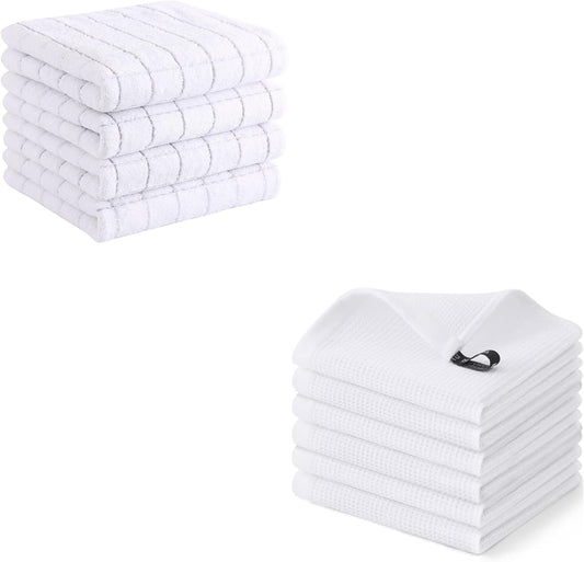 Homaxy 10-Pack Cotton Kitchen Towels Set, 12 x 12 Inches and 13 x 28 Inches, White, Ultra Soft Absorbent Dish Towels for Washing Dishes, Waffle Weave, Lint-Free, Machine Washable