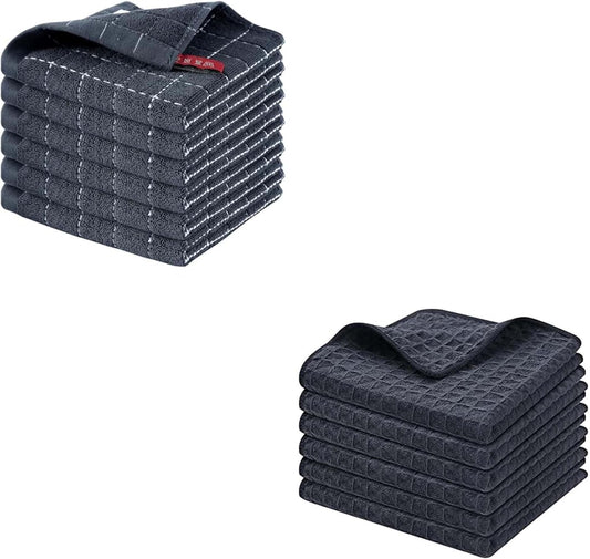 Homaxy Kitchen Towels and Dishcloths Set, 12 x 12 Inches, Set of 12 Bulk Cotton Kitchen Towels Set, Ultra Soft Absorbent Dish Towels for Washing Dishes, Dark Grey