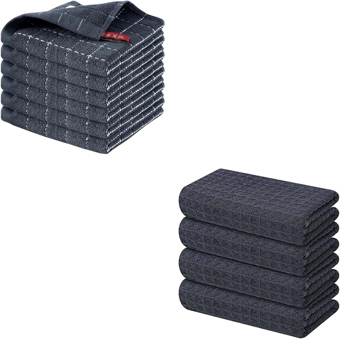 Homaxy Kitchen Towels and Dishcloths Set, 12 x 12 Inches and 16 x 28 Inches, Set of 10 Bulk Cotton Kitchen Towels Set, Ultra Soft Absorbent Dish Towels for Washing Dishes, Dark Grey