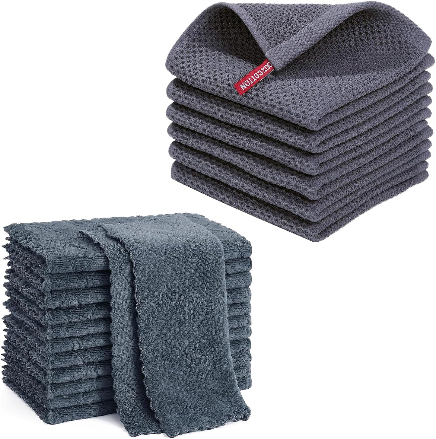 Homaxy 12 Pack Kitchen Coral Velvet Dish Cloths(10 x 10 Inches, Dark Grey) and 100% Cotton Waffle Weave Kitchen Dish Cloths 12x12 Inches 6-Pack Dark Grey