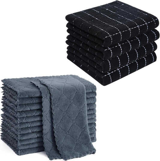 Homaxy Kitchen Towels 16 Pack, 100% Cotton Terry Checkered Black, 13 x 28 inches & 12 Pack Coral Velvet Dish Towels 10 x 10 Inches, Dark Grey