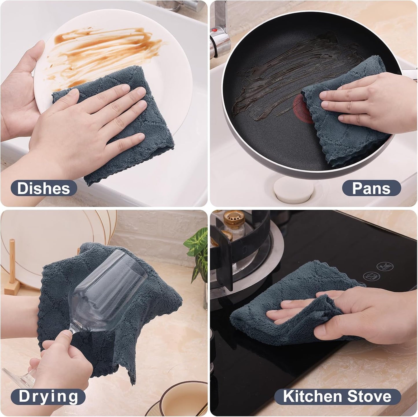 Homaxy Kitchen Towels 16 Pack, 100% Cotton Terry Checkered Black, 13 x 28 inches & 12 Pack Coral Velvet Dish Towels 10 x 10 Inches, Dark Grey