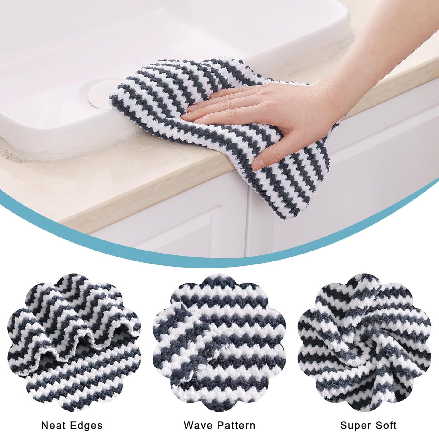 Homaxy 100% Cotton Terry Kitchen Towels(Black, 13 x 28 inches,4 Pack) and Wavy Coral Velvet Kitchen Dish Cloths(Dark Grey, 10 x 20 inches, 12 Pack),Soft and Super Absorbent Dish Towels