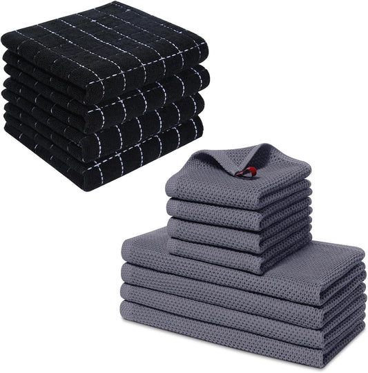 Homaxy 100% Cotton Kitchen Towels and Dishcloths Set(Dark Grey, 8-Pack) and Terry Kitchen Towels(Black, 13 x 28 inches, 4 Pack), Checkered Designed, Ultra Soft Absorbent Dish Towels