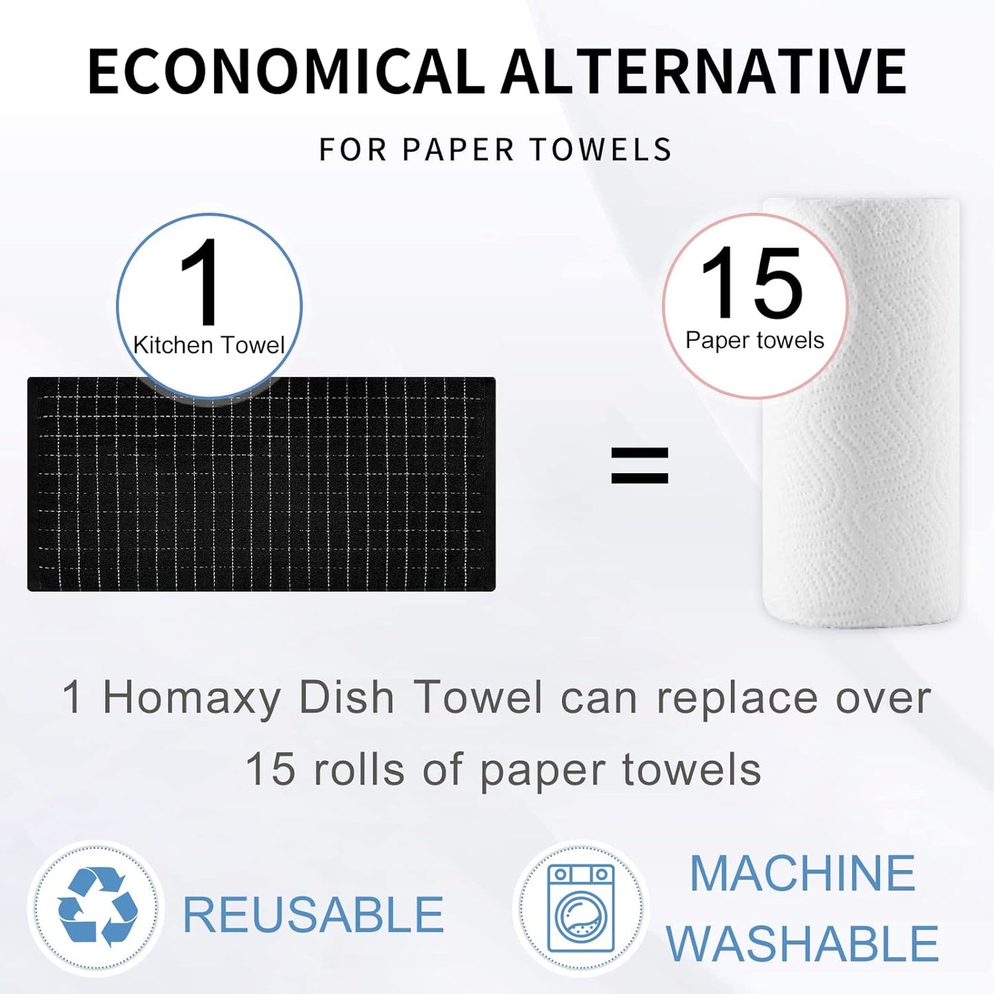 Homaxy 100% Cotton Kitchen Towels and Dishcloths Set(Dark Grey, 8-Pack) and Terry Kitchen Towels(Black, 13 x 28 inches, 4 Pack), Checkered Designed, Ultra Soft Absorbent Dish Towels