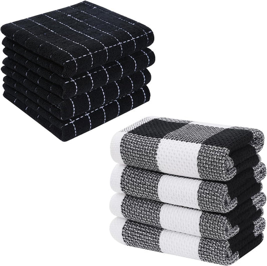 Homaxy 100% Cotton Terry Kitchen Towels and Check Kitchen Towels, 13 x 28 Inches, Set of 8 Super Soft and Absorbent Dish Towels, Black and White & Black