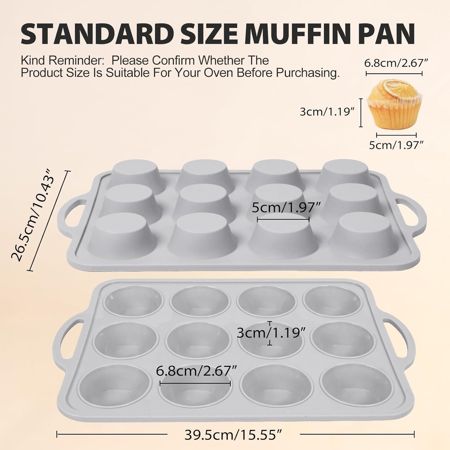 3Pcs Silicone Muffin Pan 6, 12 and 24 Cup with Metal Frame, Non Stick Jumbo Cupcake Pan with Handles, BPA Free Silicon Mini Muffin Tin Regular Tray For Baking,Egg Bites,Mold Light Grey